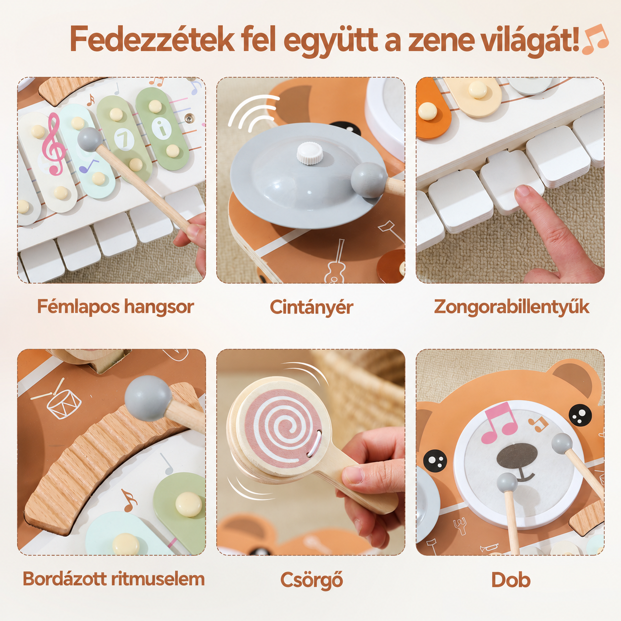 A macis zenélőasztal hat zenei eleme: hangsor, cintányér, zongorabillentyűk, bordázott ritmuselem, csörgő és dob